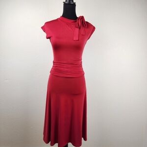 Folter Bridget Bombshell Retro Pin Up Style Tie Neck Midi Red Dress Size Small